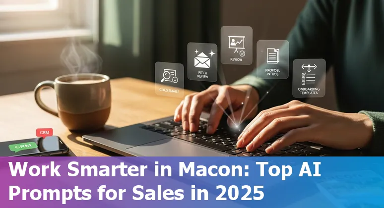 Sales professional in Macon using AI prompts on a laptop with local skyline visible.