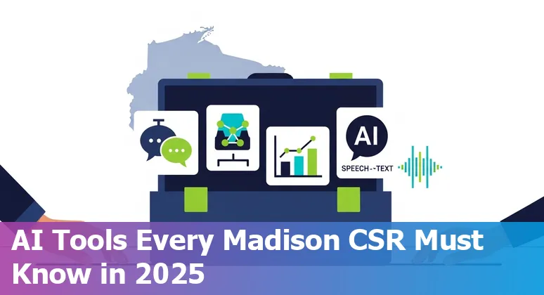 Customer service professional using AI tools at a Madison, Wisconsin office with UW–Madison campus in the background