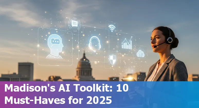 Customer service representative using AI tools with Madison skyline and UW–Madison campus in background.