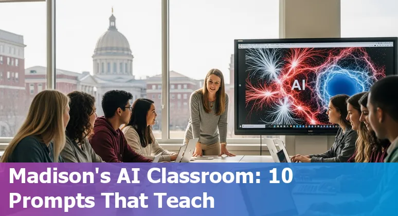 Student using AI tutor on laptop with UW–Madison campus in background, partly cloudy sky, and subtle AI elements.