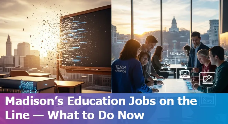 Madison educators discussing AI tools in a school office, representing at-risk roles and adaptation strategies.