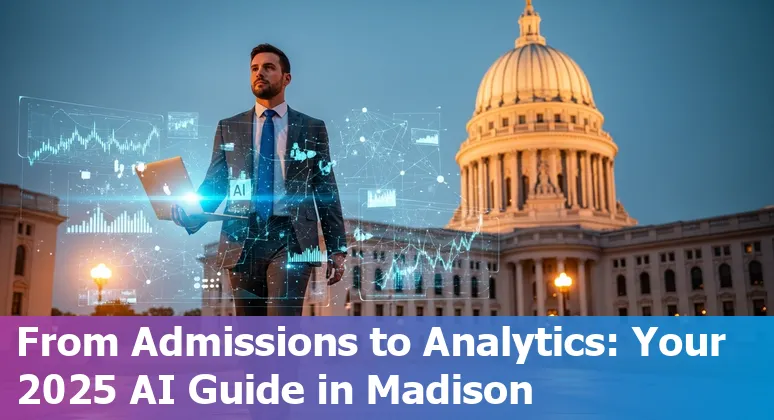 Finance professional using AI laptop with UW–Madison campus visible in Madison, WI