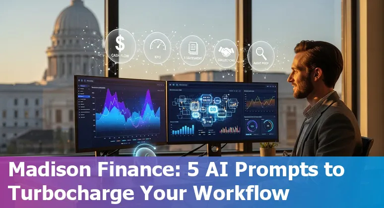 Finance professional in Madison using AI prompts on a laptop, with UW–Madison skyline in the background