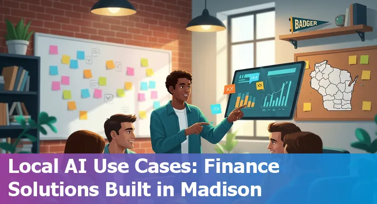 Bank agent using AI-powered call assistant at a Madison, WI financial services office with UW–Madison campus in background.