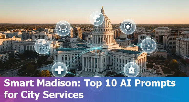 Madison city hall digital illustration with AI icons: chatbots, sensors, policy documents, and grant application forms.