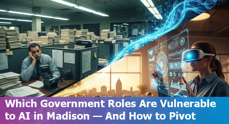 Madison city hall worker using AI tools on a laptop with city skyline in background