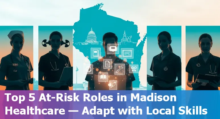 Healthcare worker using AI-enabled laptop in a Madison hospital setting, with UW–Madison campus visible in background