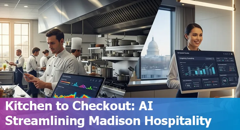 Hotel front desk using AI kiosk and chatbot technology in Madison, Wisconsin, US