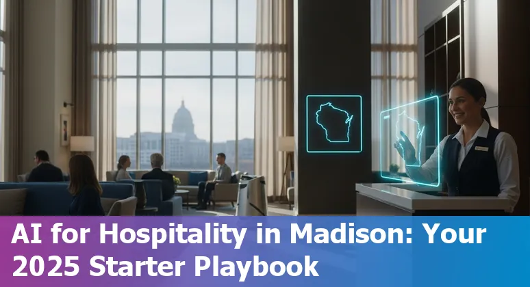 Front desk using AI concierge tablet at a Madison, Wisconsin hotel in 2025