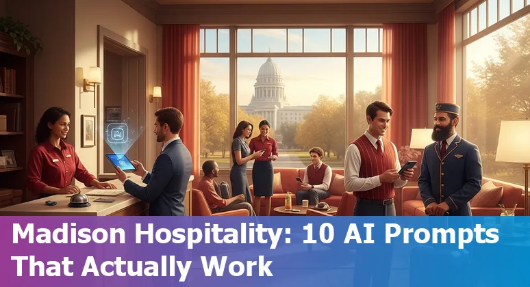 Hotel lobby in Madison, WI with AI icons overlay representing chatbots, itineraries, and analytics