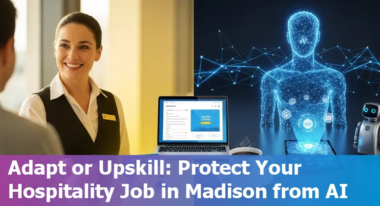 Hospitality worker at a front desk with an AI chatbot overlay and the UW–Madison campus in the background.