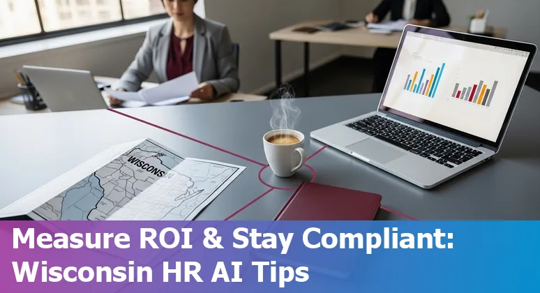 Madison, Wisconsin HR professional using AI tools with UW–Madison campus in the background