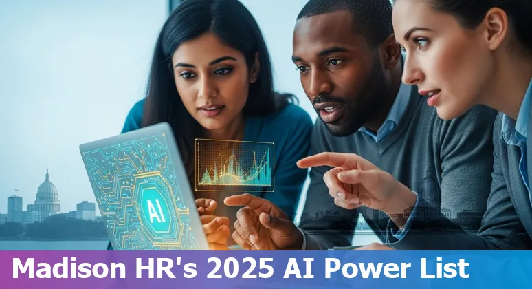 HR professional reviewing AI tool dashboard with Madison skyline in background