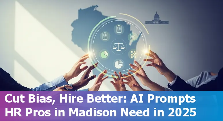 HR professional in Madison using AI to draft job descriptions and review candidates on a laptop with Wisconsin skyline visible.