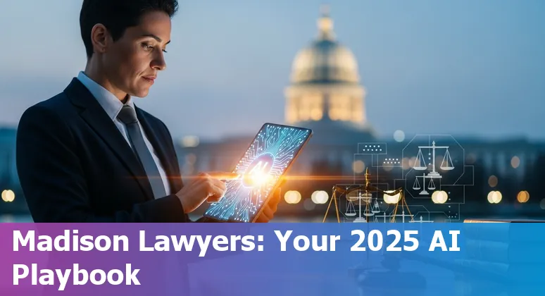 Madison, Wisconsin lawyer reviewing AI tools on a laptop with University of Wisconsin reminder in background