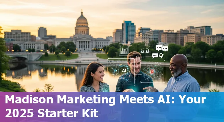 Marketing professional using AI tools in Madison, Wisconsin with UW–Madison campus in background