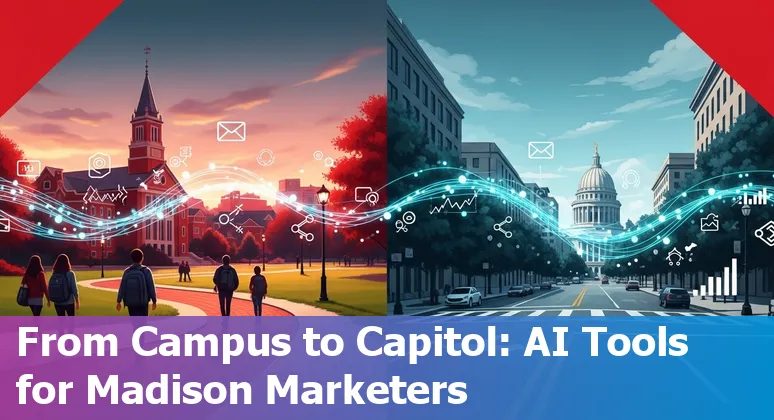 Collage of AI marketing tools logos over a Madison, Wisconsin skyline with business people using laptops.