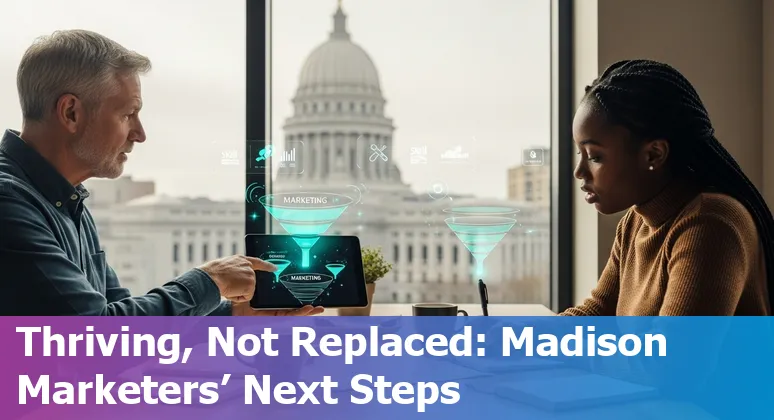 Madison, Wisconsin marketer using AI tools on a laptop with the State Capitol in the background