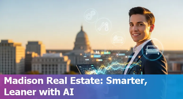 Madison, Wisconsin real estate agent using AI tools on a laptop to manage listings and energy-efficient properties.
