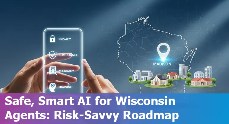 Illustration of AI tools and Madison, Wisconsin skyline representing real estate technology in Madison, WI 2025