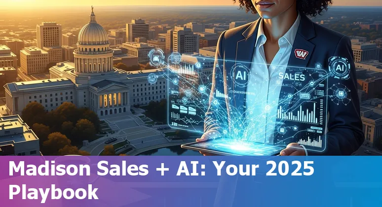 Sales professional using AI tools with Madison, Wisconsin skyline in the background