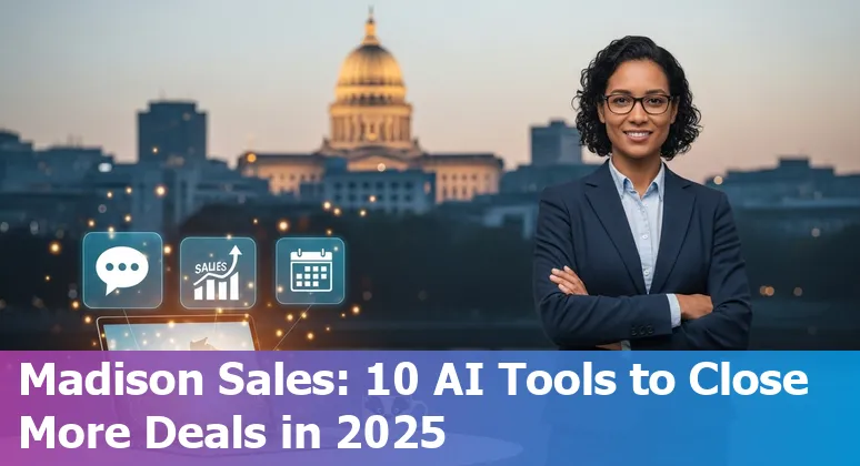 Madison sales professional using AI sales tools on laptop with UW–Madison campus in background