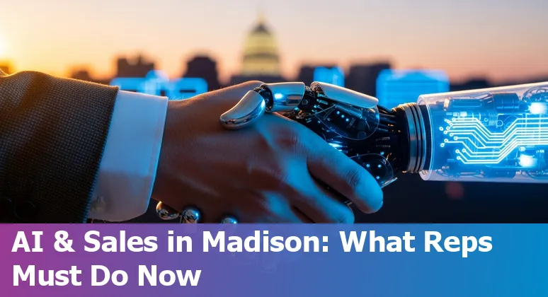Sales rep using AI tools on laptop in Madison, Wisconsin skyline background