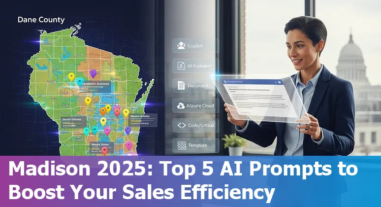 Sales professional using AI prompts on a laptop with Madison skyline in the background.