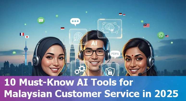Collage of AI customer service tools logos (Convin AI, Zendesk, Salesforce, Intercom, Ada, LivePerson, Trengo, Tidio, Freshdesk, ChatGPT) with Malaysian flag