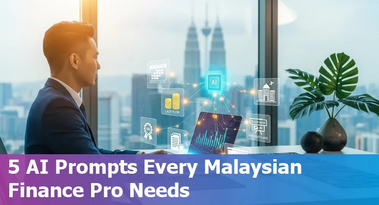 Malaysian finance professional using AI prompts on a laptop with RM charts and Power BI visuals
