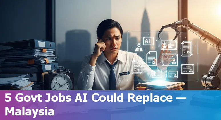 Malaysian government staff at computers with AI overlay and training icons, representing upskilling via MyMahir