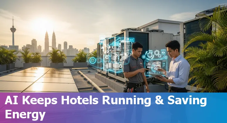 Hotel team using AI dashboard for bookings, energy and guest chat in Malaysia