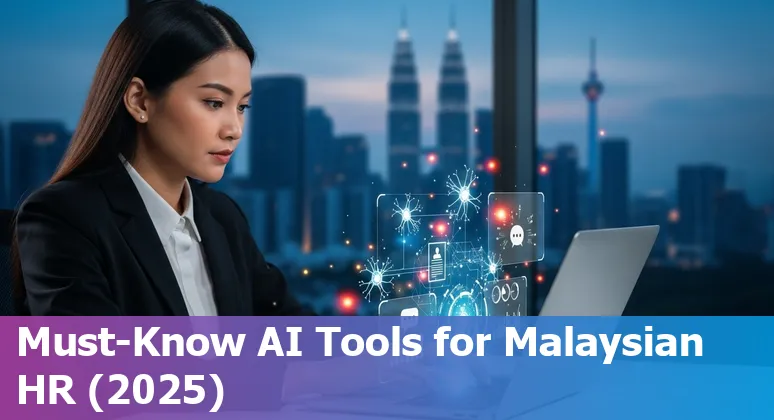 Collage of AI tools logos and Malaysian HR team collaborating on a laptop