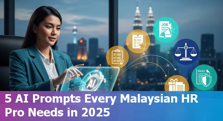 HR professional using AI on a laptop to draft job descriptions, scorecards, and policies in Malaysia
