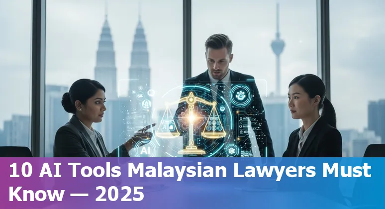 Lawyer using AI tools on a laptop with logos of LexisNexis, Casetext, ChatGPT and a Malaysian flag