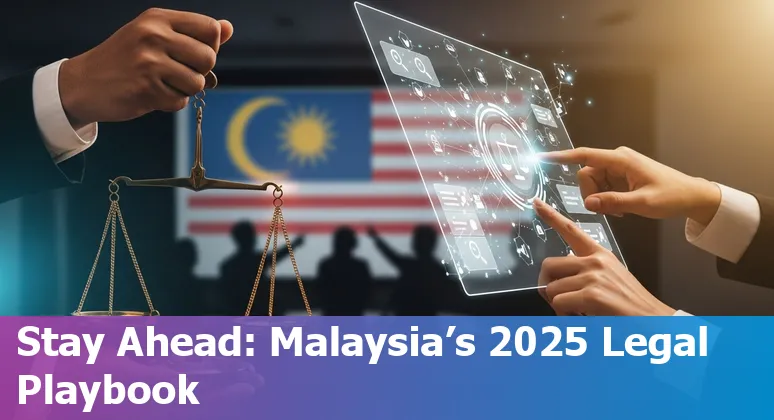 Illustration of AI and a gavel over a map of Malaysia representing legal jobs and AI in Malaysia