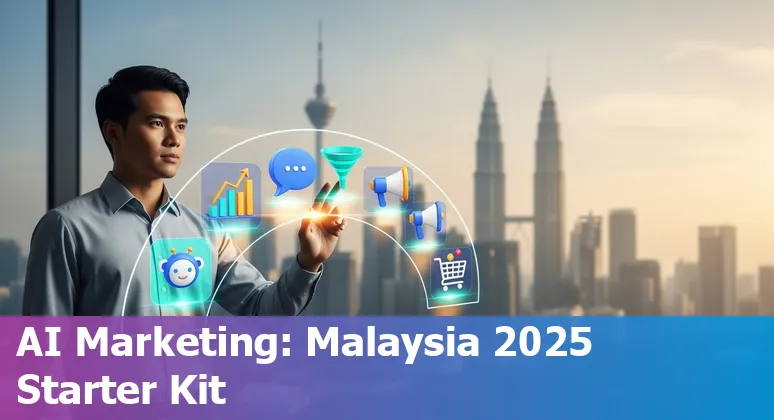 Graphic of AI marketing tools with Kuala Lumpur skyline and Malaysian flag, Malaysia