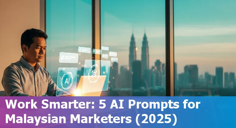 Malaysian marketer using AI prompts on laptop with icons for TikTok, email, SEO, support and campaign calendar