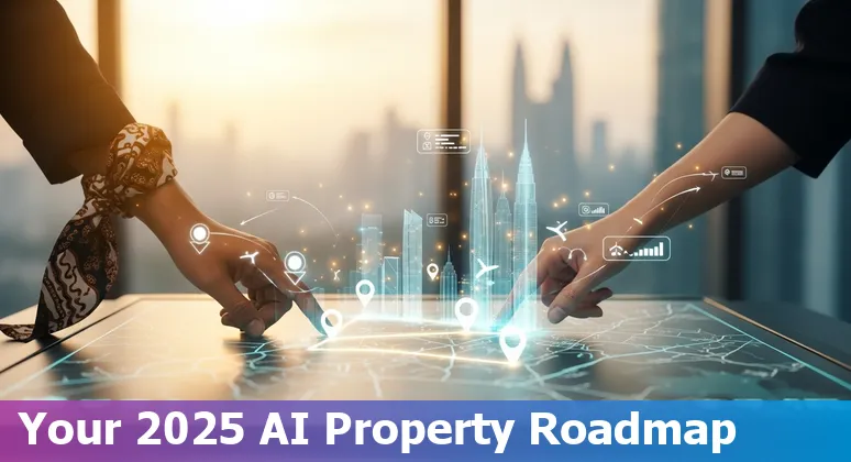 Illustration of AI transforming Malaysia's real estate skyline with Kuala Lumpur landmarks and AI icons