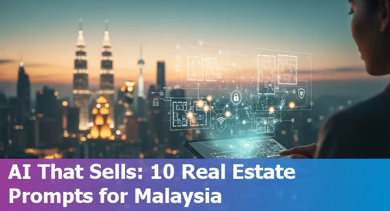 Illustration of AI tools and Malaysian real estate icons like KL skyline, chatbot and data graphs