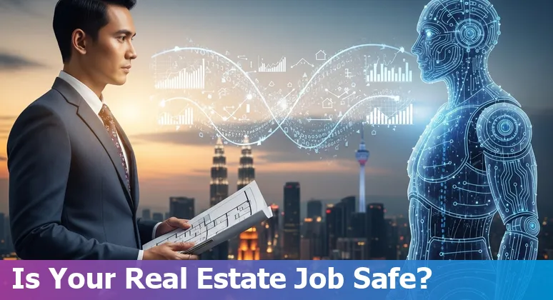 Malaysian real estate professional using AI tools on a laptop with Kuala Lumpur skyline in the background.