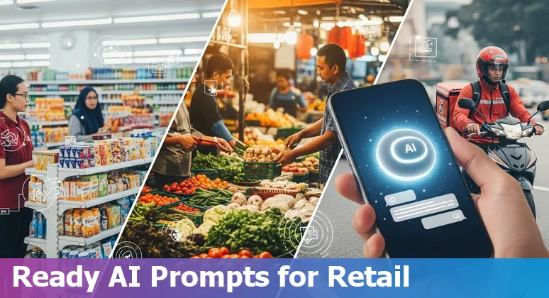 Illustration of AI powering Malaysian retail: inventory, pricing, chatbots, vision, and marketing.