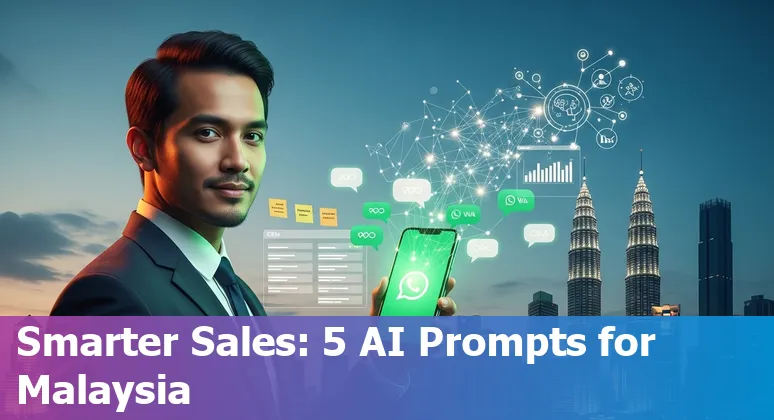 Sales professional using AI prompts on laptop with Malaysian flag, WhatsApp and CRM icons visible