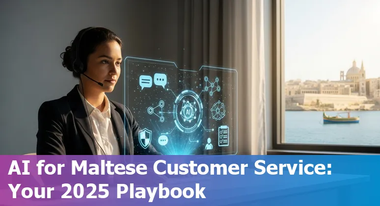 Customer service team using AI tools in a Malta office with MDIA and Malta AI guidance documents visible