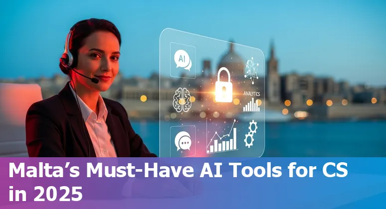 Illustration of customer service agent using AI tools with Malta flag and service icons