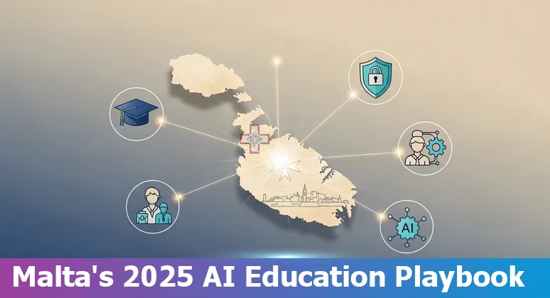 Educators in Malta discussing AI in classrooms with laptops and policy documents, 2025