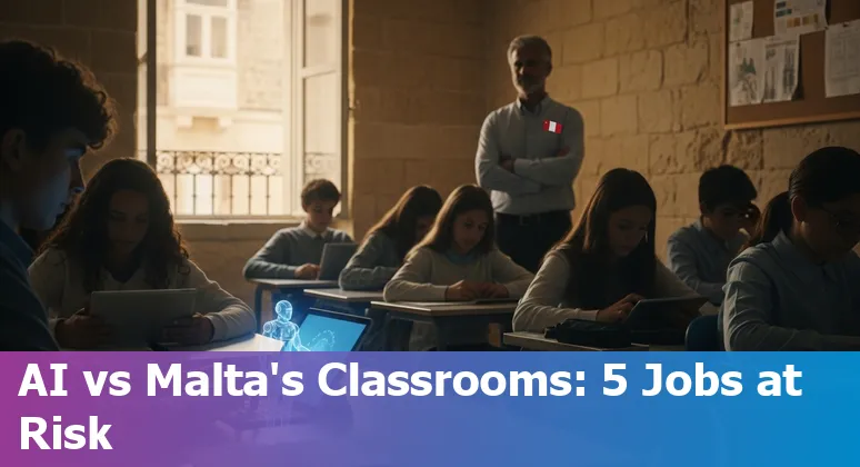 Maltese classroom with teacher and student using AI tools on a tablet, charts and Maltese flag visible