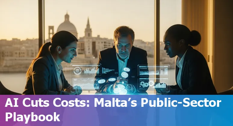 Graphic showing AI improving efficiency for government companies in Malta with data dashboards, robots and Maltese landmarks