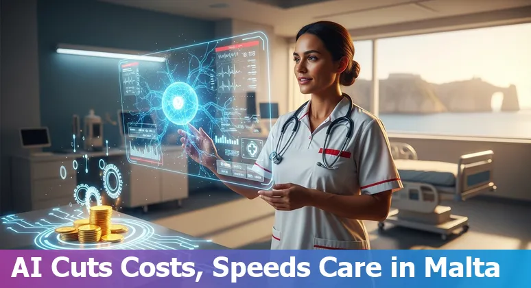 AI-enabled medical imaging dashboard on a tablet in a Malta hospital showing diagnostics and efficiency metrics in Malta