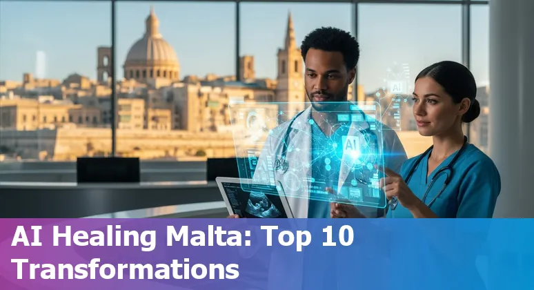 Map of Malta overlaid with healthcare AI icons representing NobleProg training, NVIDIA Clara, OpenAI ChatGPT, PathAI and other top 10 use cases.